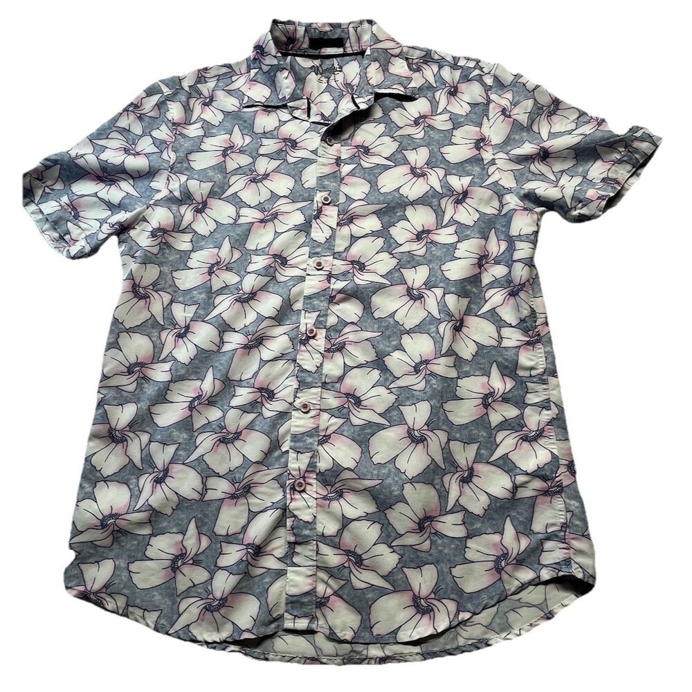 Woody’s Shirt Mens L Blue Pink Hawaiian Hibiscus Floral AOP Button Down S/S